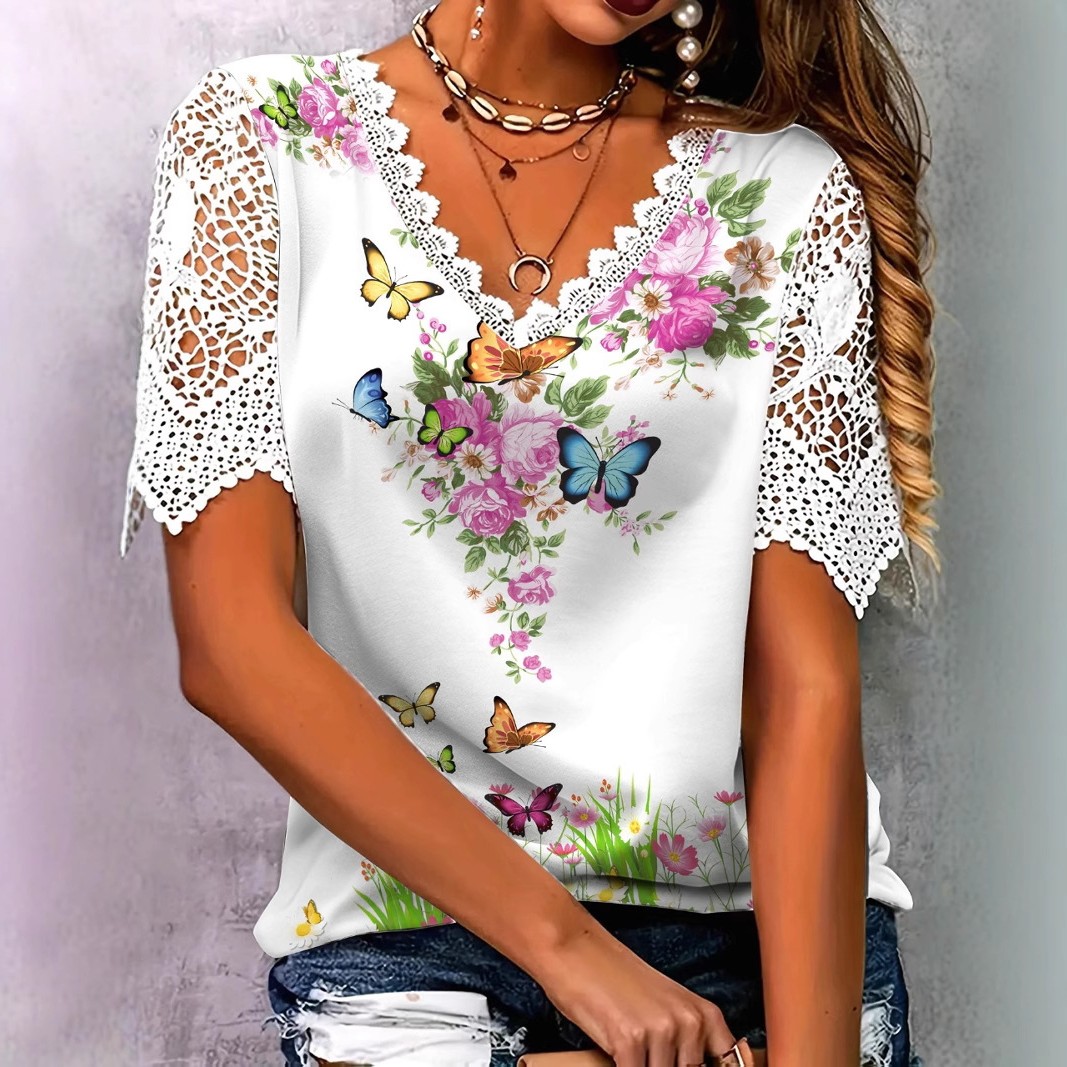 春夏新款女装亚马逊欧美跨境蕾丝拼接时尚印花短袖恤上衣女