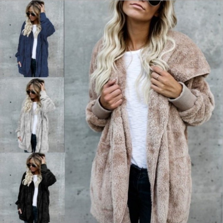 跨境女装亚马逊爆款秋冬毛毛保暖上衣 中长款两面穿防皮草外套