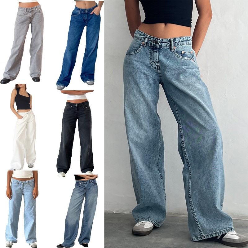 美式复古低腰无弹水洗直筒牛仔裤女秋季新款街头阔腿牛仔女裤