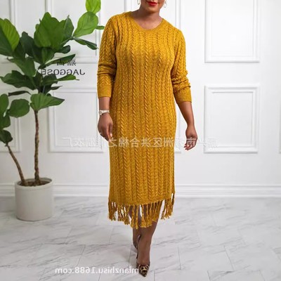 新款欧美中长款毛衣连衣裙流苏跨境麻花绞花针织打底衫修身女
