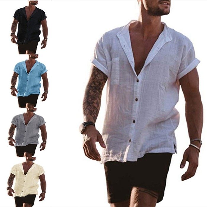 亚马逊跨境春夏季男装棉麻纯色开衫宽松短袖简约休闲衬衫男,个性定制/设计服务/DIY,连衣裙加工定制,淘宝优惠券,粉丝福利购,淘宝优惠卷