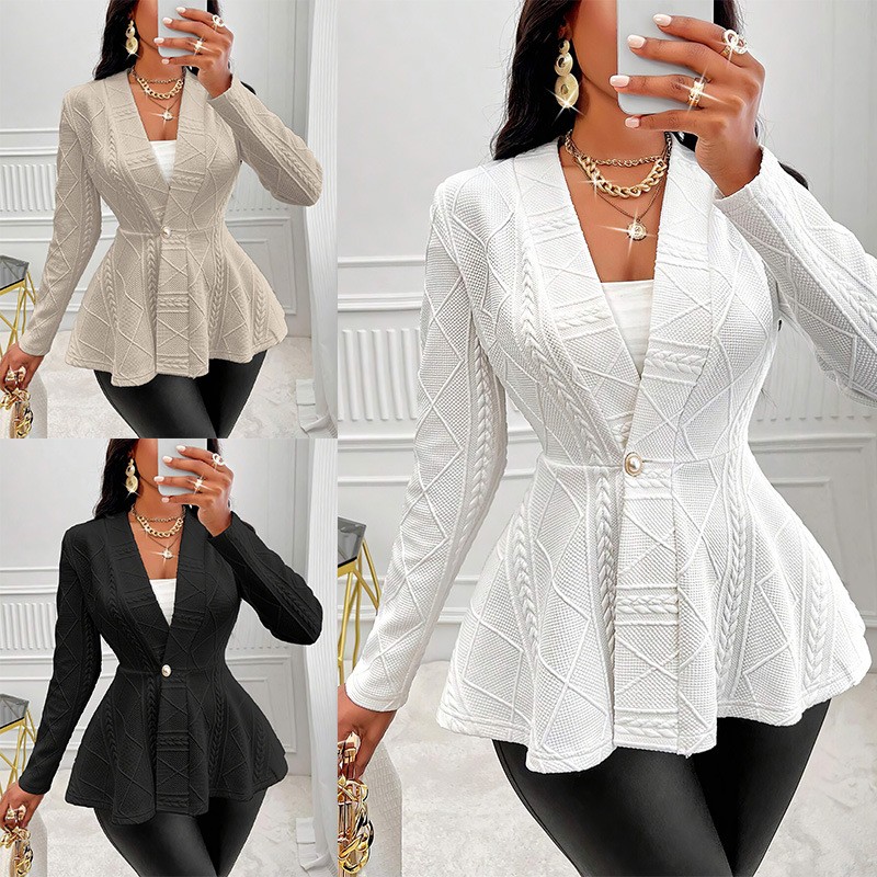 欧美跨境秋冬新品女士纯色加厚一粒扣提花西装外套 现货