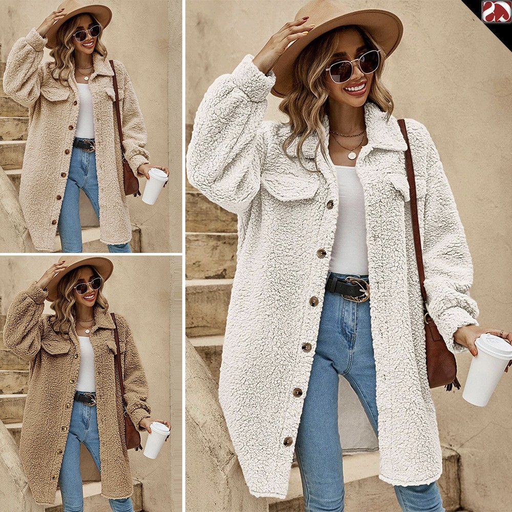 跨境亚马逊新款欧美冬季开扣翻领毛绒外套宽松气质通勤长款大衣女