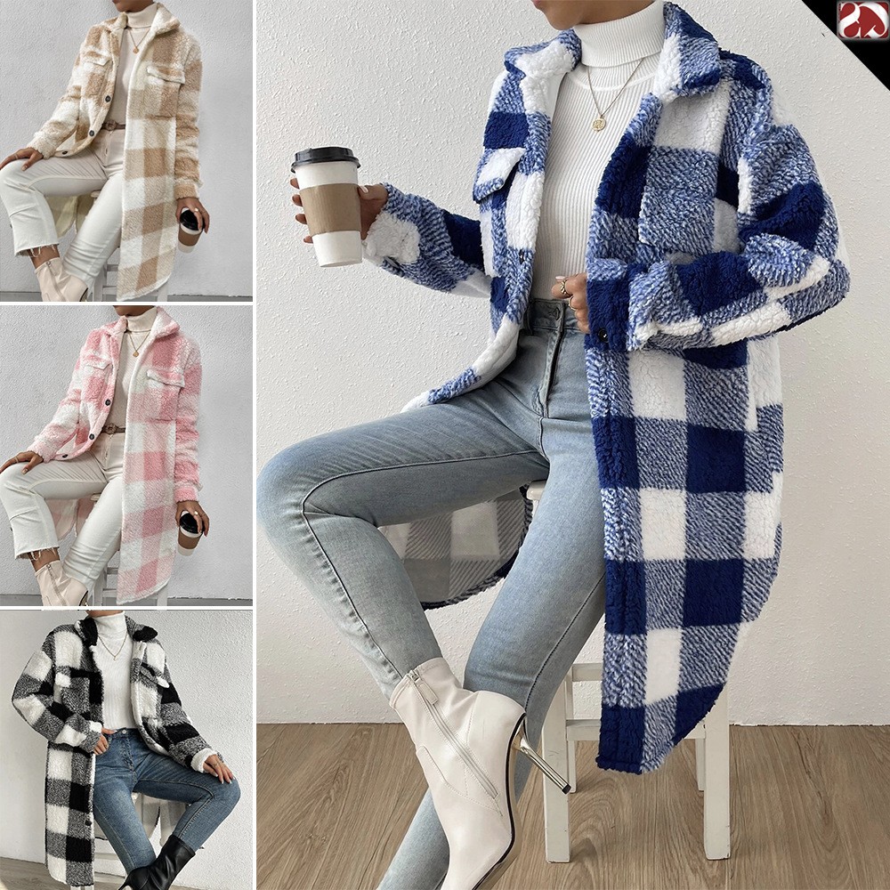 跨境亚马逊欧美秋冬开扣翻领毛绒格子外套宽松气质通勤长款大衣女