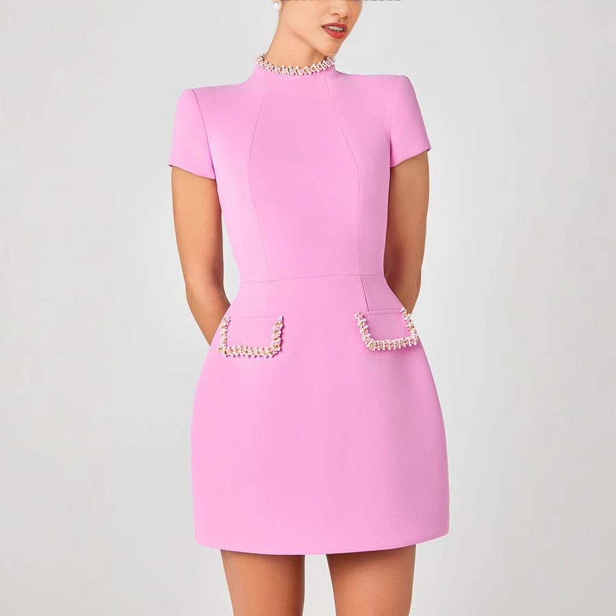 跨境独立站亚马逊新款欧美夏季修身圆领钉珠小香风短裙连衣裙