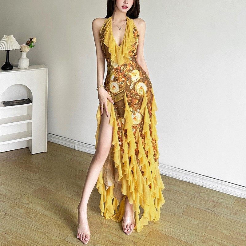 跨境欧美风亚马逊夏季新款性感荷叶边度假风辣妹挂脖吊带裙女,个性定制/设计服务/DIY,连衣裙加工定制,淘宝优惠券,粉丝福利购,淘宝优惠卷