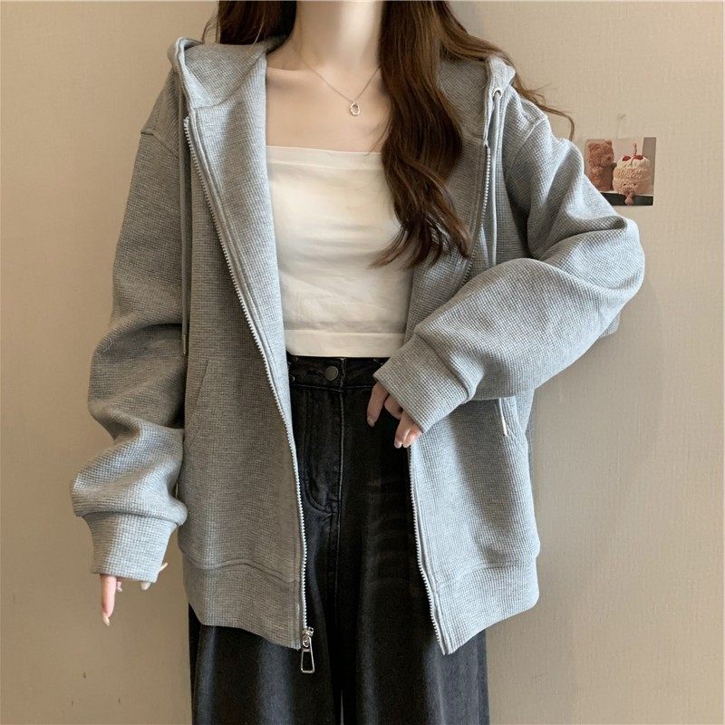 灰色实拍开衫连帽卫衣女秋季宽松显瘦学生休闲华夫格纯色上衣,个性定制/设计服务/DIY,连衣裙加工定制,淘宝优惠券,粉丝福利购,淘宝优惠卷