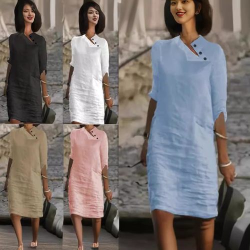 亚马逊独立站春夏新款休闲立领纽扣棉麻纯色中袖连衣裙
