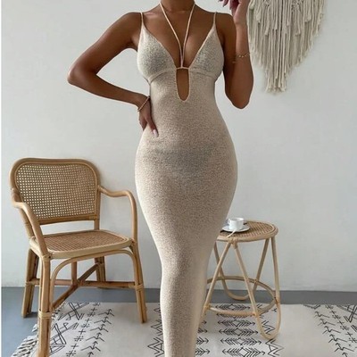 欧美跨境新款女装纯欲性感镂空绑带挂脖吊带拼接连衣裙长裙女