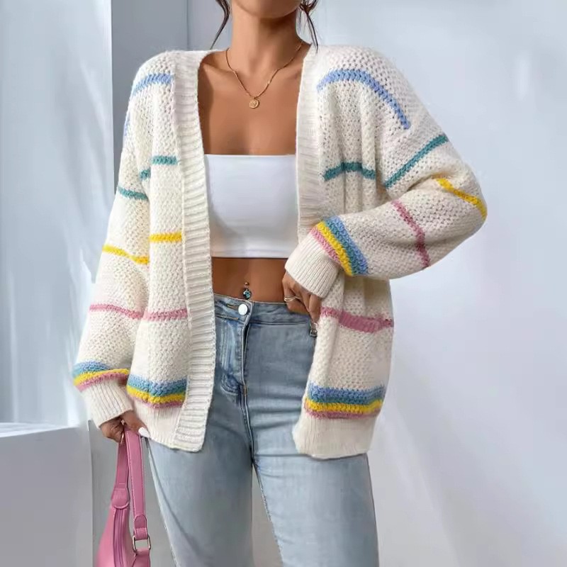 秋冬彩虹条针织开衫跨境外贸女装毛衣时尚宽松休闲百搭针织衫外套