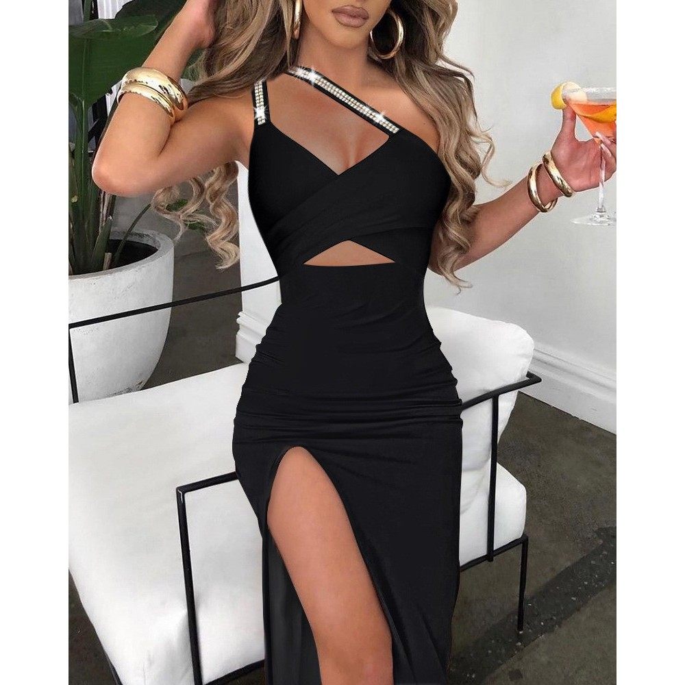 夏季欧美女装气质休闲不规则肩带烫钻开叉镂空包臀袖紧身裙,个性定制/设计服务/DIY,连衣裙加工定制,淘宝优惠券,粉丝福利购,淘宝优惠卷