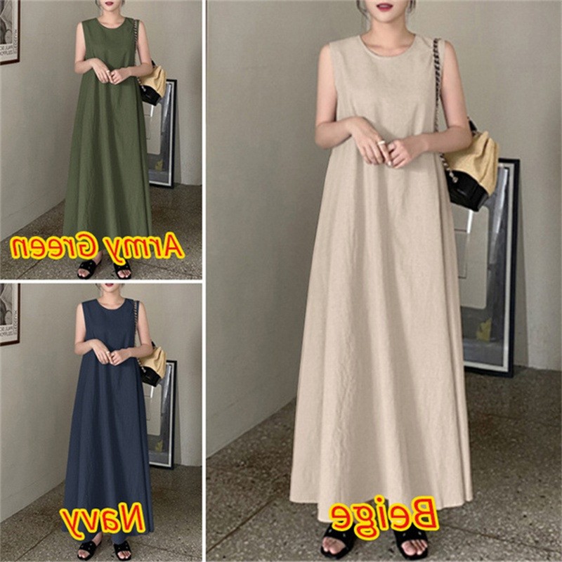 跨境外贸夏季棉质长裙吊带棉麻宽松口袋圆领气质无袖大摆连衣裙女