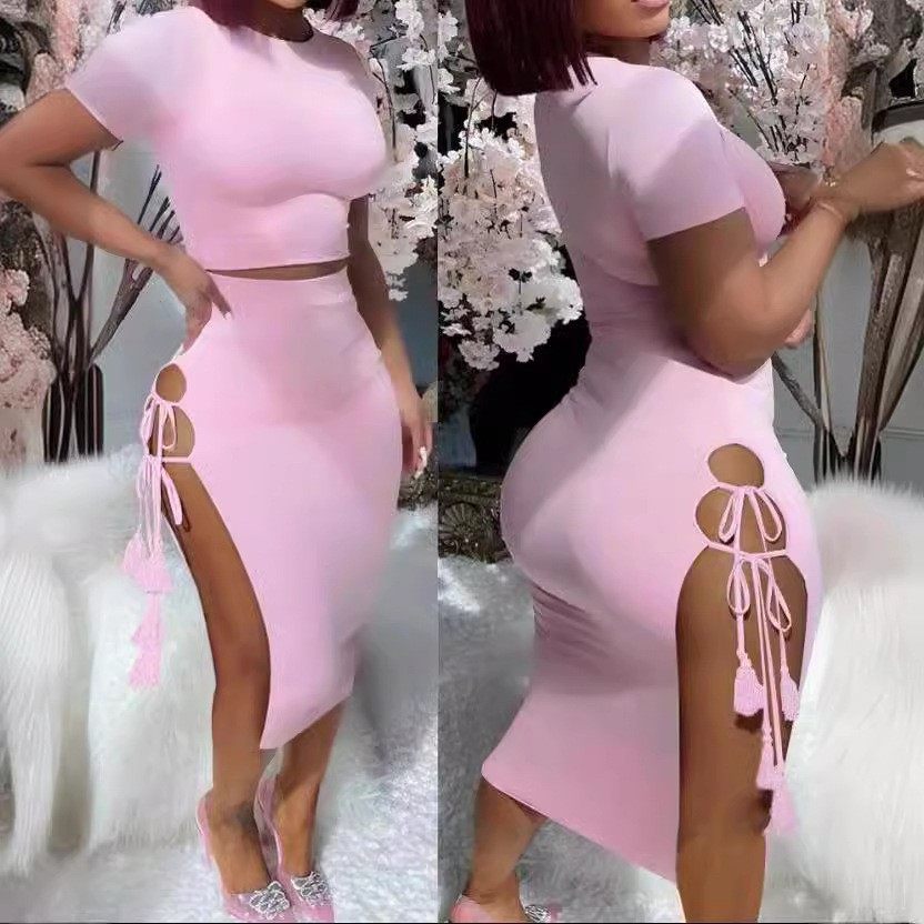 欧美夏季女装短袖上衣套装漏腰紧身性感系带开叉中长包臀裙,个性定制/设计服务/DIY,连衣裙加工定制,淘宝优惠券,粉丝福利购,淘宝优惠卷