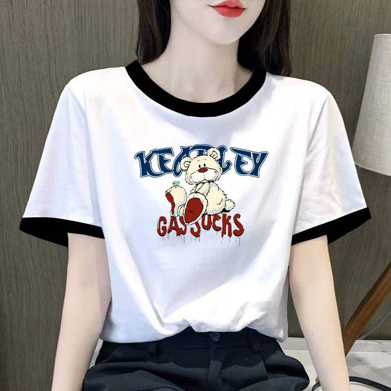 夏季短袖t恤女ins潮春装女宽松印花韩版港风拼色上衣百搭学生