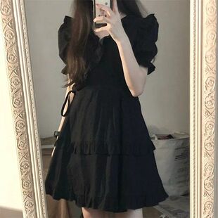 韩版复古气质小黑裙边娃娃领收腰显瘦连衣裙女学生夏季a字裙
