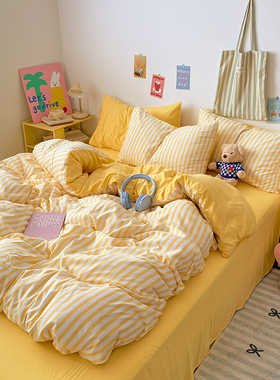 超软糯~ins奶油风四件套全棉水洗棉麻床品被套学生宿舍床单三件套