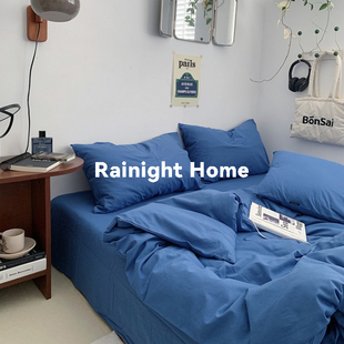 ins复古水洗棉麻蓝色四件套全棉床品床单被套床笠学生宿舍三件套