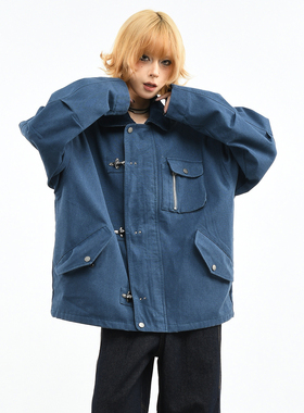 OV原创美式多口袋工装翻领外套女春季宽松飞机扣夹克时尚老爹风男