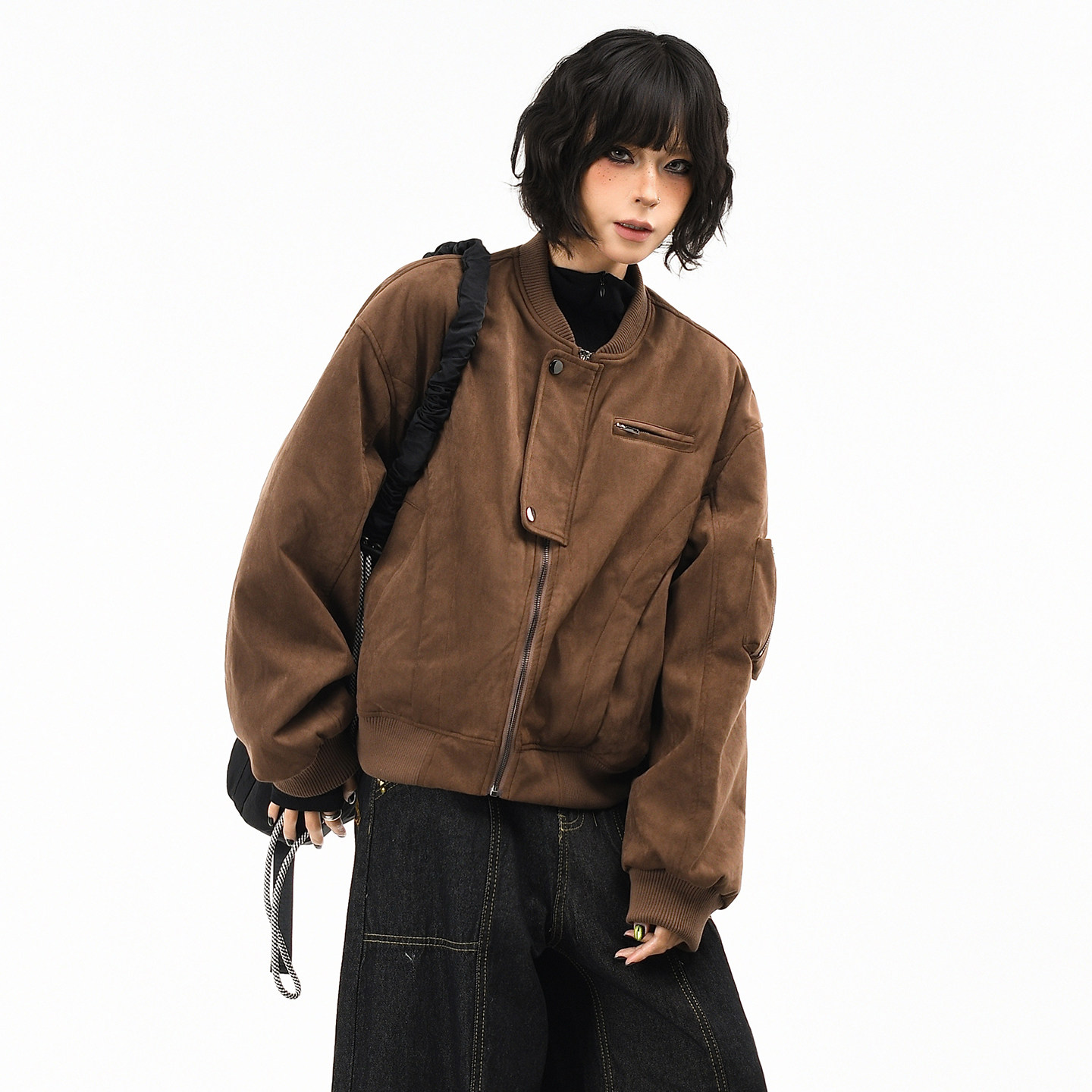 OV原创美式复古麂皮绒棒球棉服外套女冬季宽松短款飞行保暖棉衣潮