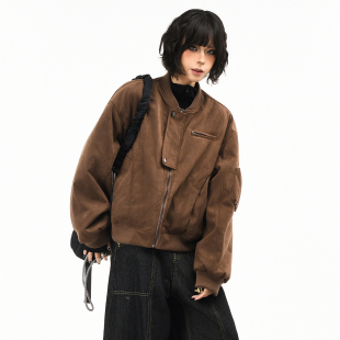 飞行保暖棉衣潮 宽松短款 OV原创美式 复古麂皮绒棒球棉服外套女冬季