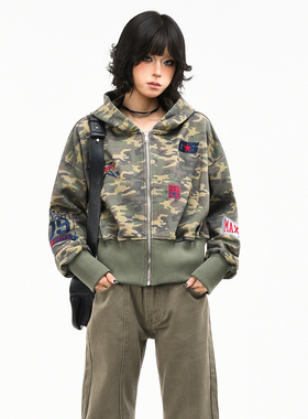 OV原创美式迷彩加宽螺纹宽松连帽卫衣女春季短款收腰显瘦开衫外套