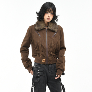 OV原创美式复古明线设计保暖棉服外套女冬季毛领可拆卸短款棉衣潮