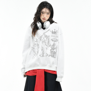 宽松设计感套头上衣男 骑士手绘印花V领连帽卫衣女秋季 OV原创 美式