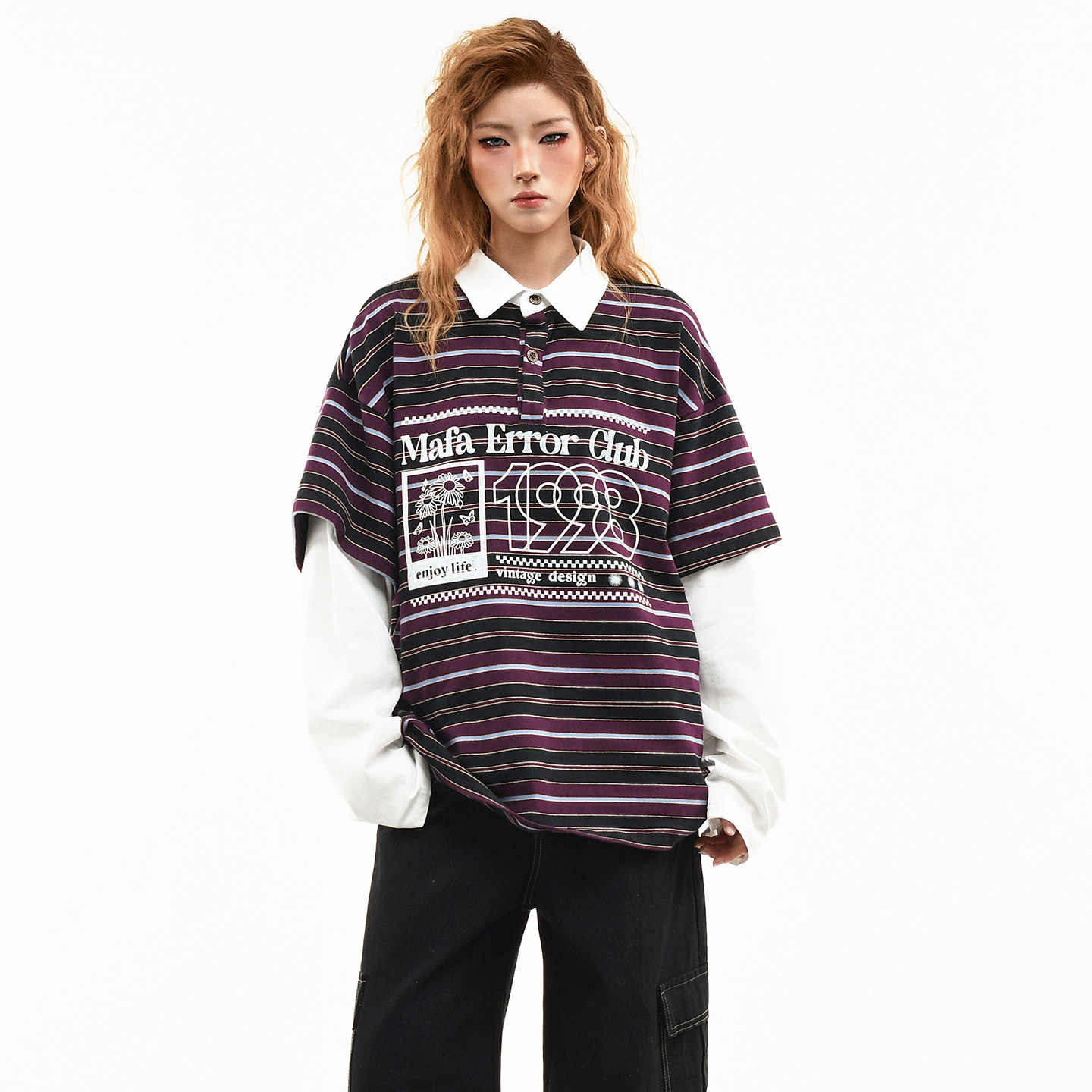 OV原创学院风紫色条纹假两件拼接POLO衫女春季宽松翻领长袖T恤ins,女装/女士精品,POLO衫,淘宝优惠券,粉丝福利购,淘宝优惠卷