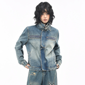 外套女秋季 OV原创美式 水洗做旧牛仔短款 嘻哈设计感立领机车夹克潮