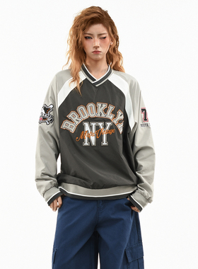 OV原创/美式撞色字母刺绣棒球V领卫衣女春季宽松休闲运动套头上衣