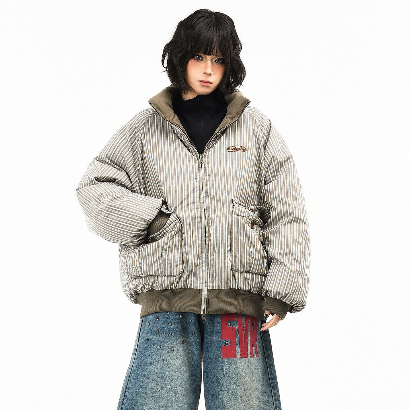 OV原创美式复古条纹双面穿立领棉服外套女冬季宽松大口袋工装棉衣,女装/女士精品,棉衣/棉服,淘宝优惠券,粉丝福利购,淘宝优惠卷