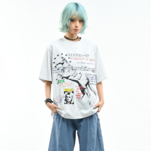 宽松bf圆领半袖 T恤女夏季 上衣男潮 高街风战马涂鸦印花短袖 OV原创