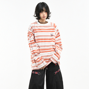 OV原创/美式撞色条纹长袖T恤女春季宽松高级感明线设计打底上衣男