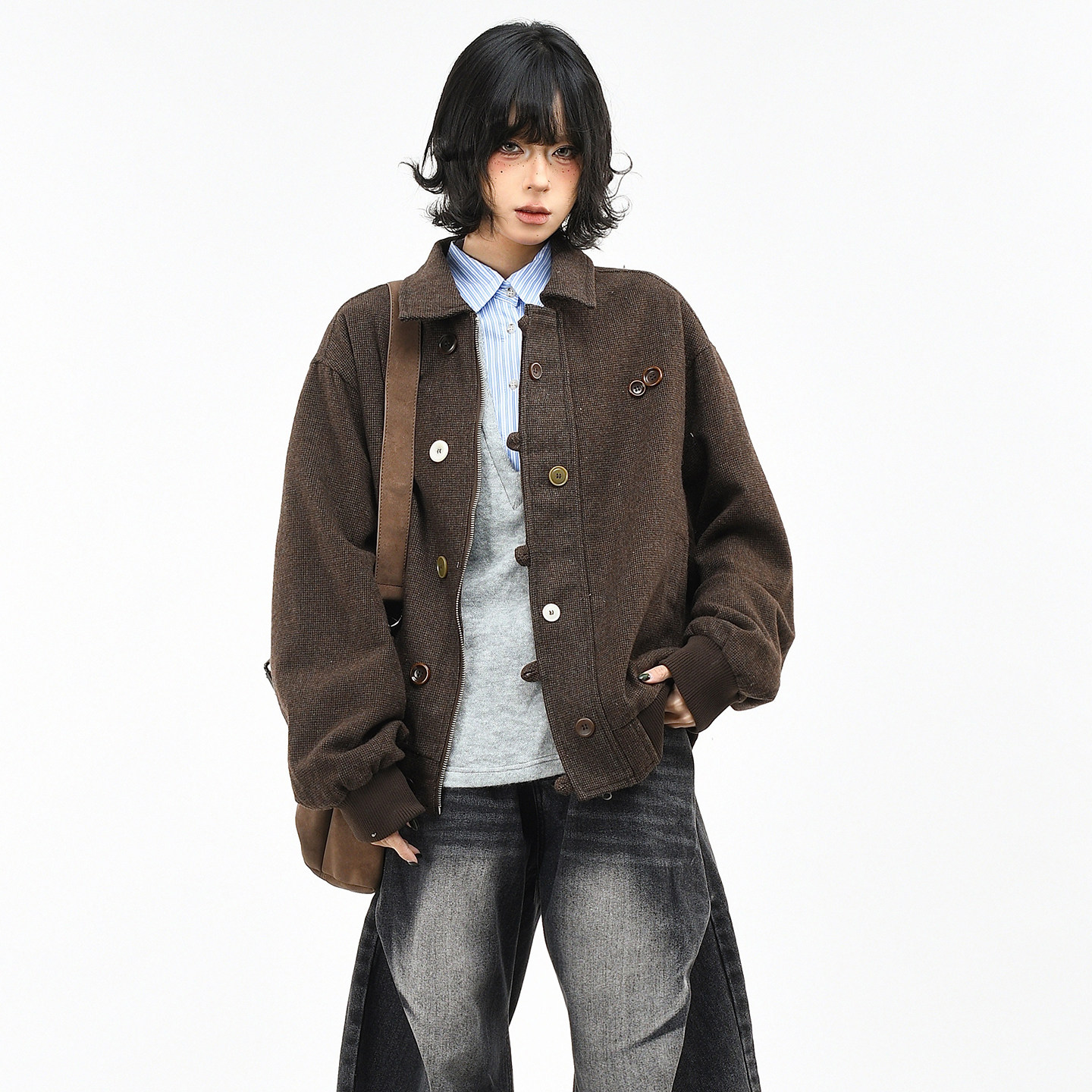 OV原创美拉德纽扣装饰翻领工装外套女春季老钱风宽松短款夹克上衣,女装/女士精品,短外套,淘宝优惠券,粉丝福利购,淘宝优惠卷