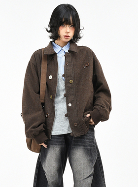 OV原创美拉德纽扣装饰翻领工装外套女春季老钱风宽松短款夹克上衣