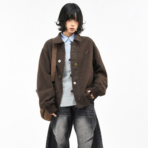 原创美拉德纽扣装饰翻领工装外套