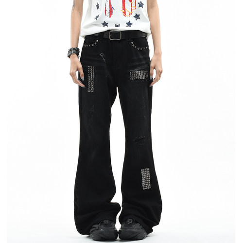 原创朋克风轻亚破洞铆钉牛仔裤潮