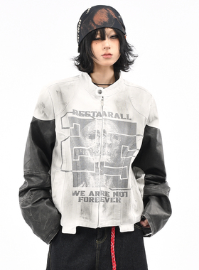 OV原创美式复古骷髅印花机车赛车服外套女秋季短款痞帅脏染夹克男