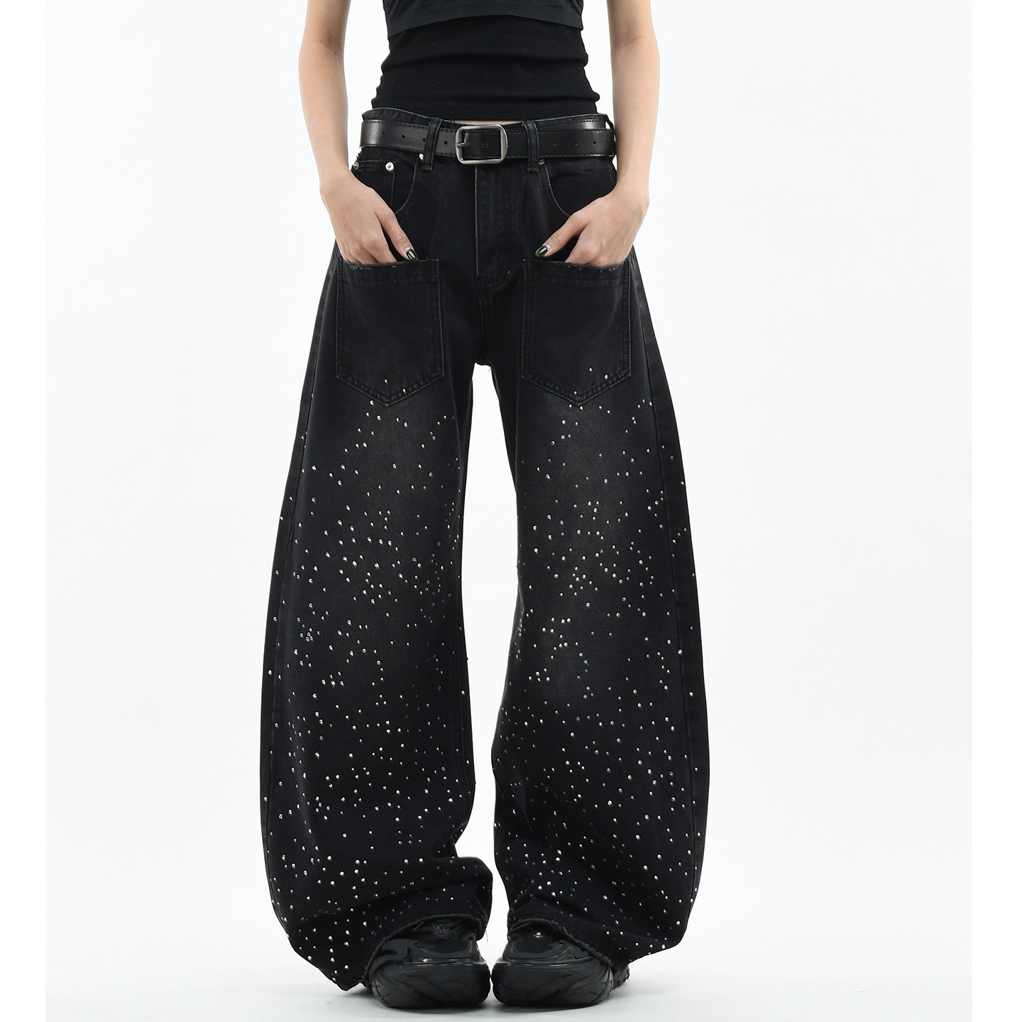 OV原创美式满天星烫钻水洗牛仔裤男女高街宽松阔腿多口袋工装裤潮,女装/女士精品,牛仔裤,淘宝优惠券,粉丝福利购,淘宝优惠卷