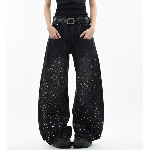 原创美式满天星烫钻水洗牛仔裤潮