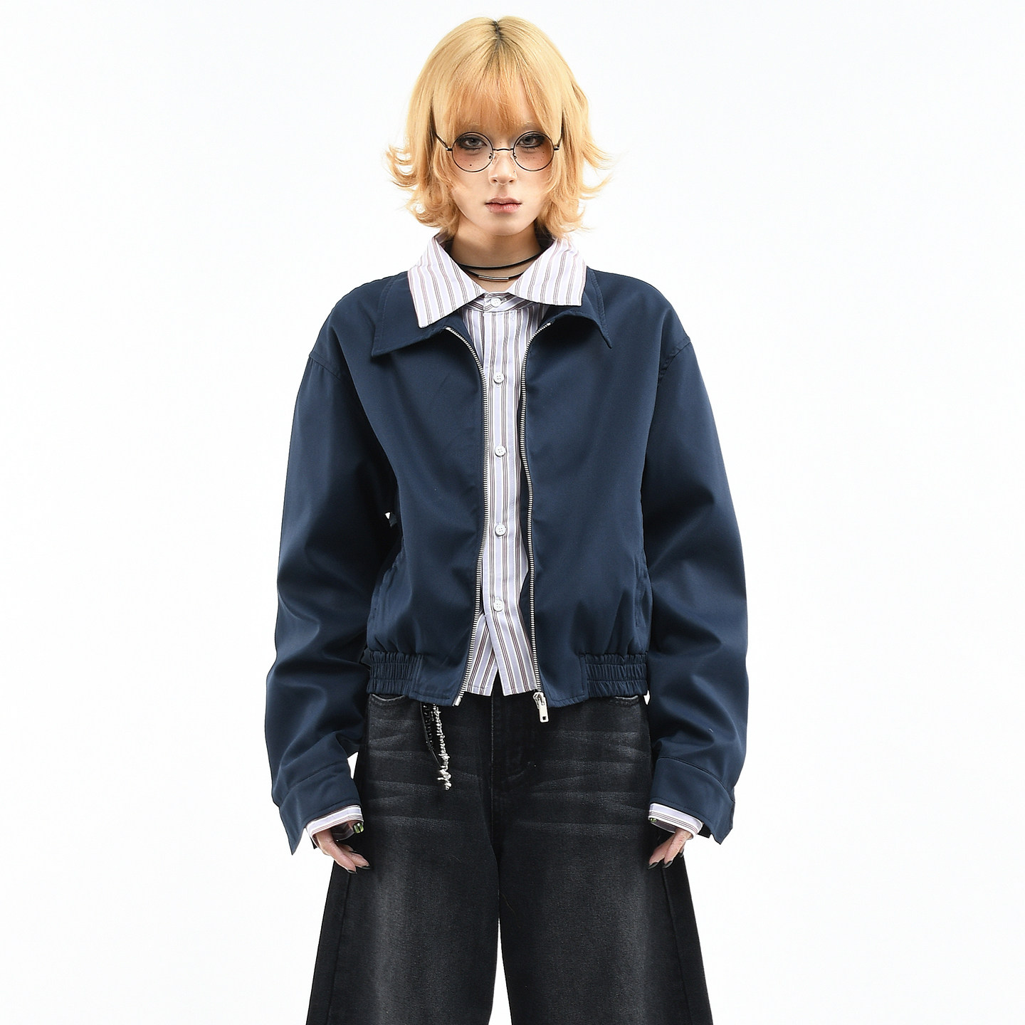 OV原创老钱风条纹假两件拼接短款外套女春季复古宽松叠穿夹克上衣,女装/女士精品,短外套,淘宝优惠券,粉丝福利购,淘宝优惠卷