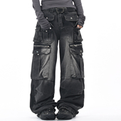 OV原创美式 潮 男女街头做旧宽松阔腿长裤 复古多口袋水洗工装 牛仔裤