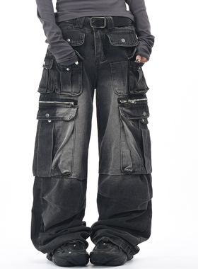 OV原创美式复古多口袋水洗工装牛仔裤男女街头做旧宽松阔腿长裤潮