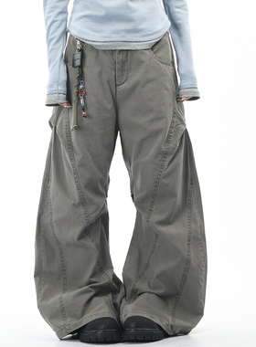 OV原创美式解构拼接水洗工装裤男女宽松阔腿褶皱设计休闲弯刀裤潮