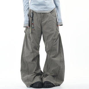 男女宽松阔腿褶皱设计休闲弯刀裤 裤 潮 解构拼接水洗工装 OV原创美式