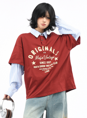 OV原创/美式复古假两件条纹拼接翻领T恤男女秋季街头宽松长袖POLO