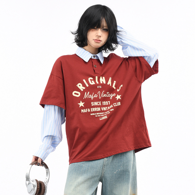 长袖美式复古假两件条纹拼接T恤