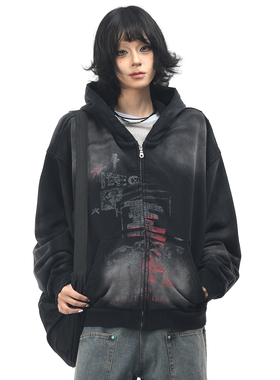 OV原创美式复古做旧水洗拉链连帽卫衣女秋季宽松开衫外套男bf潮牌