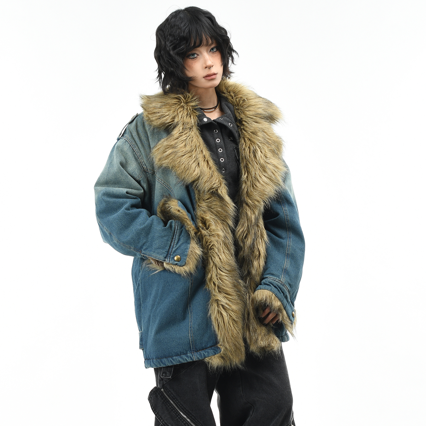 OV原创美式潮牌大毛领牛仔棉服女冬季宽松加绒中长款座山雕棉衣男