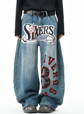 OV原创美式字母贴布刺绣水洗弯刀牛仔裤男女冬季宽松阔腿加绒长裤
